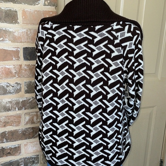 Vintage Brown & Cream Houndstooth Double Breasted Sweater Contrast Shawl Collar - Picture 1 of 13